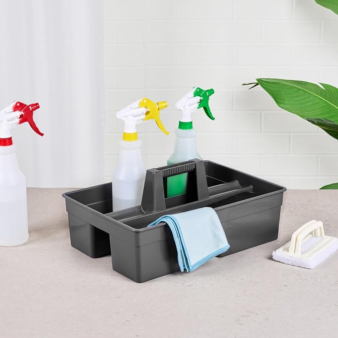 Restaurantware-RW Clean 15.9 x 10.6 x 6.9 Inch Cleaning Caddy, 1 Triple Compartment Cleaning Supply Caddy - With Handle, Crack-Resistant, Black Plastic Cleaning Basket, For Cleaning Supplies,