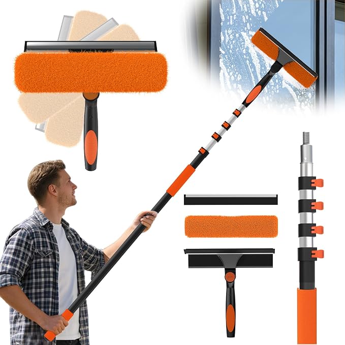 Window Squeegee Kit with Extension Pole, 2-in-1 Professional Washer for High Windows, 3-12FT Adjustable Reach, Rotatable Head for Indoor & Outdoor Use, Streak-Free Cleaning Tool for Home