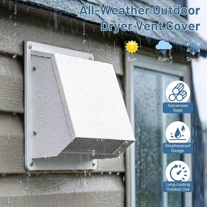 10 Inch Dryer Vent Cover Outside, Galvanized Steel Exterior Hooded Wall Vent Cover with Removable Screen & Cushioned Backdraft Flap, Exhaust Vent for House Wall Dryer Vent Kit (White - 10 Inch)