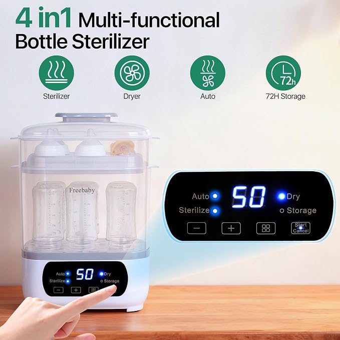 Freebaby Baby Bottle Steamer and Dryer, All-in-One Sterilizer and Dryer for All Baby Bottle, Bottle Sanitizer for Pacifiers&Breast Pump Parts, 8 Bottles Capacity and Auto-Off