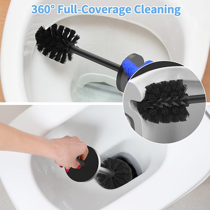 Stainless Steel Toilet Brush and Holder Set Brushed Silver Heavy Duty Toilet Bowl Brush with Long Handle for Bathroom and Farmhouse (Black)