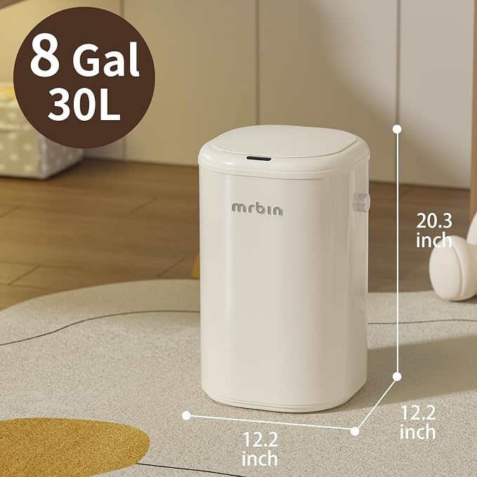 MRBIN Metal Motion Sensor Adsorption Diaper Pail Refills with Lid, 8gal / 30L Covered Touchless Square Baby Adult Trash Can, Pet Litter Garbage Bucket for Nursery Bedside, Bathroom, Toilet, White