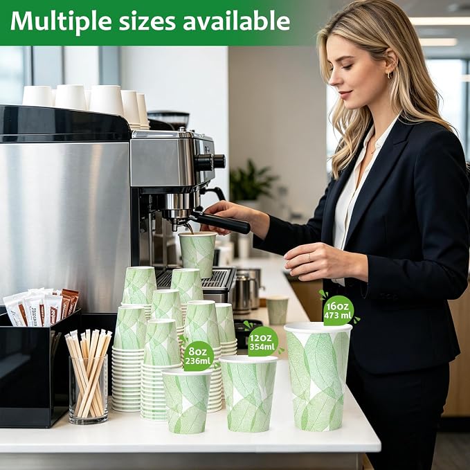 8oz 300Count Compostable Paper Cups, Plant-Based Disposable Coffee Cups with PLA Lining, Perfect for Hot & Cold Drinks, Coffee, Party, Office & Daily Use