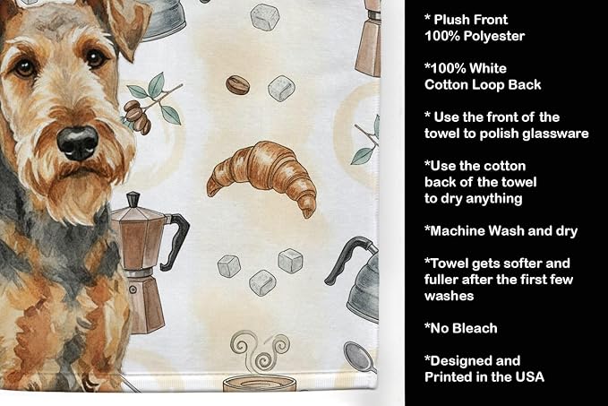 Caroline's Treasures Grizzle Airedale Terrier Coffee Bar Kitchen Towel Velour Plush Front and Cotton Loop Back Machine Washable