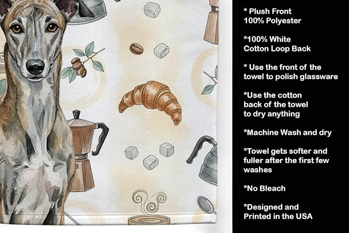 Caroline's Treasures Brindle Greyhound Coffee Bar Kitchen Towel Velour Plush Front and Cotton Loop Back Machine Washable