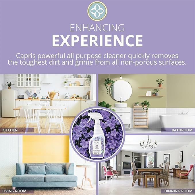 CAPRI ESSENTIALS All Purpose Cleaner, Natural Household Cleaning Supplies, Plant Based Kitchen Counter Surface Spray, Removes Dirt & Grime, Blend of Essential Oils, White Lavender, 23 FL Oz (6 Pack)