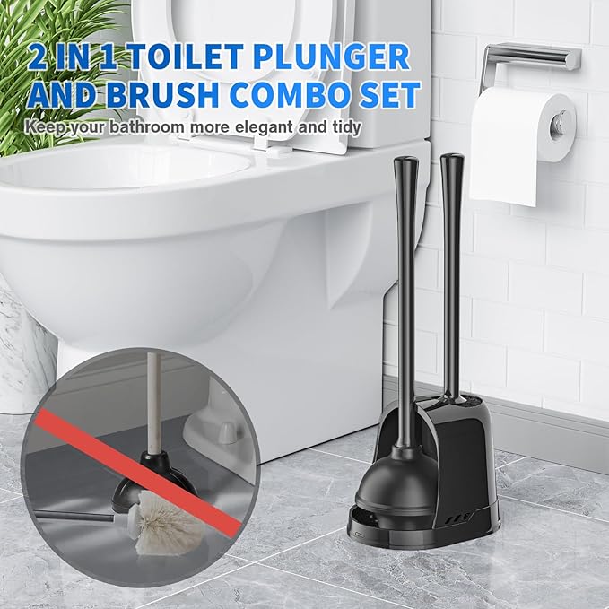 LOVLOY Toilet Plunger and Brush,2 Pack Bowl Brush and Heavy Duty Toilet Plunger Set with Ventilated Holder, 2-in-1 Toilet Brush and Plunger Combo for 5.3-inch Toilet Drain Bathroom Cleaning