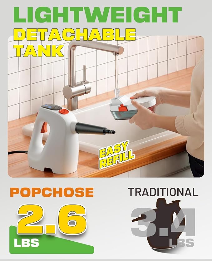 POPCHOSE Steam Cleaner with Detergent Dispenser, 15s Heat-Up Handheld Steam Cleaner for Home, Removable Water Tank