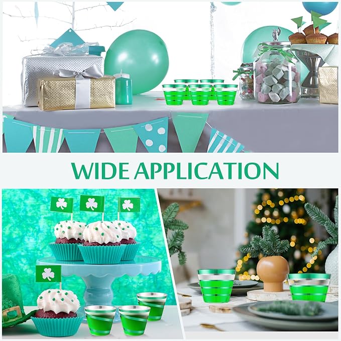 Gejoy 9 oz 100pcs St Patricks Day Rimmed Stripe Plastic Cups Bulk Disposable Wine Hard Plastic Drinking Cocktail Cups Tumblers for Wedding Gathering Party Supplies(dark Green