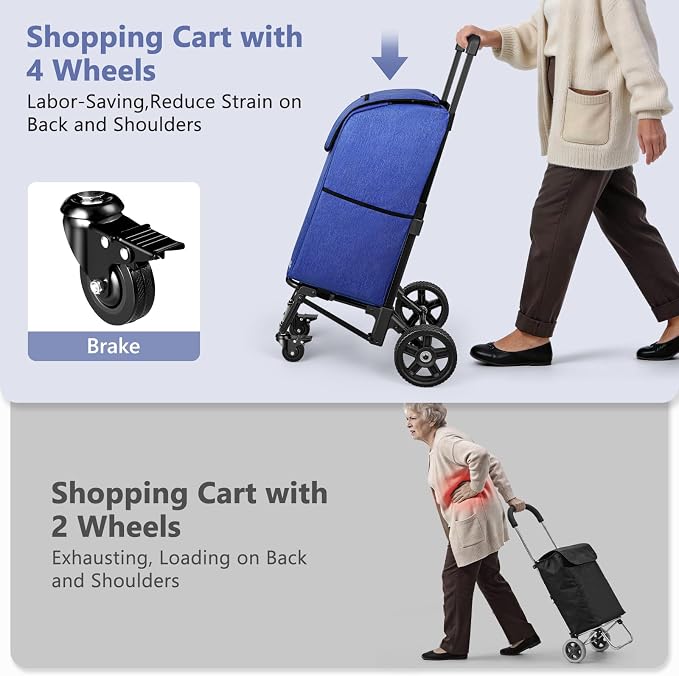 KEDSUM 3 in 1 Shopping Cart with Wheels, 60L/250LBS Multi Use Grocery Cart with 7" Big Wheels & Removable Waterproof Bag, Personal Shopping Carts for Groceries, Telescoping Handle & Thickened Steel