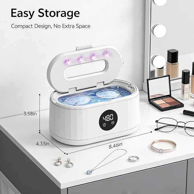 Ultrasonic Jewelry Cleaner, 50kHz Ultrasonic Cleaner Machine for Jewelry, Eyeglasses, Rings, Watch Straps, Toothbrush Heads, Dentures, Retainers, 5 Timers Cleaning Mode, 420ml 304 Stainless Steel Tank