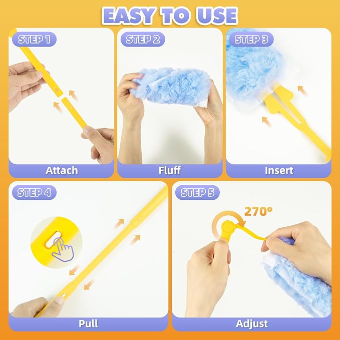 60 PCS Duster Refills for Swiffer Duster, 360 Heavy Duty Duster Refills with 3 FT Extended Handle and Short Handle, Disposable Dusters for Cleaning Ceiling Fan, Blinds, Vent, Furniture