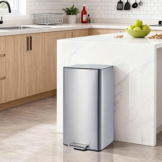 Garvee 40L / 10.6 Gal Kitchen Trash Can, Stainless Steel Garbage Can with Soft Close Lid, Rectangular Waste Bin with Filter, Removable Inner Bucket and Foldable Foot Pedal for Bathroom Home Office