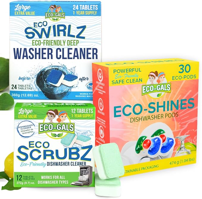 Eco-Gals Eco Scrubz Deep Dishwasher Machine Cleaner Unscented, 12 Count Tablets - 1 Year Supply plus Eco-Shines Dishwasher Detergent Pods With 3 in 1 Power of Liquid, Powder, and Gel for Brig