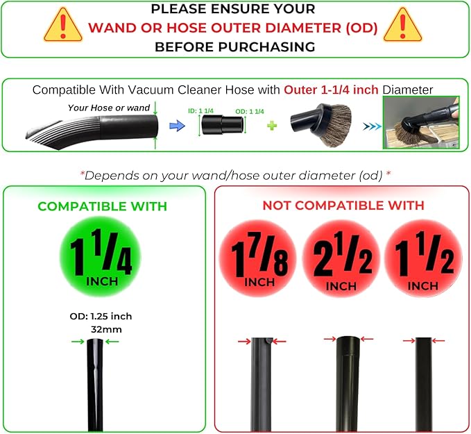 for Shop Vacs Replacement Vacuum Brush Attachment 1.25 Inch (32mm) with Soft Horsehair Bristles - 1-1/4'' Vacuum Accessories Compatible with Milwaukee M18, Eureka Mighty Mite 3670M & More