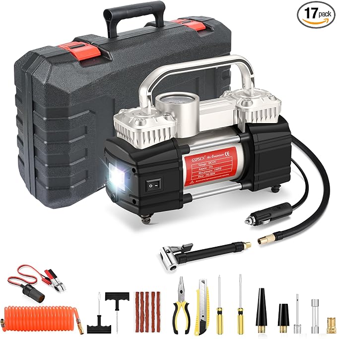 GSPSCN Heavy Duty Tire Inflator 12V Portable Toolbox Air Compressor Pump | with Tire Repair Kit,6X Faster Inflation Dual Cylinder Air Pump LED Light for Cars,SUV,Truck,Pickup,Balls,RV,Van,Camper