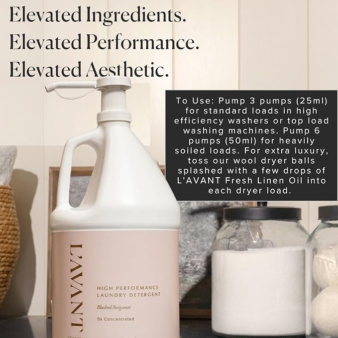 L'AVANT Collective Luxury Laundry Detergent | Bulk 1 Gallon | Blushed Bergamot | Natural Non-Toxic Liquid Laundry Soap with Enzymes | Plant-Based, 5x Concentrated, HE Compatible | 128 oz