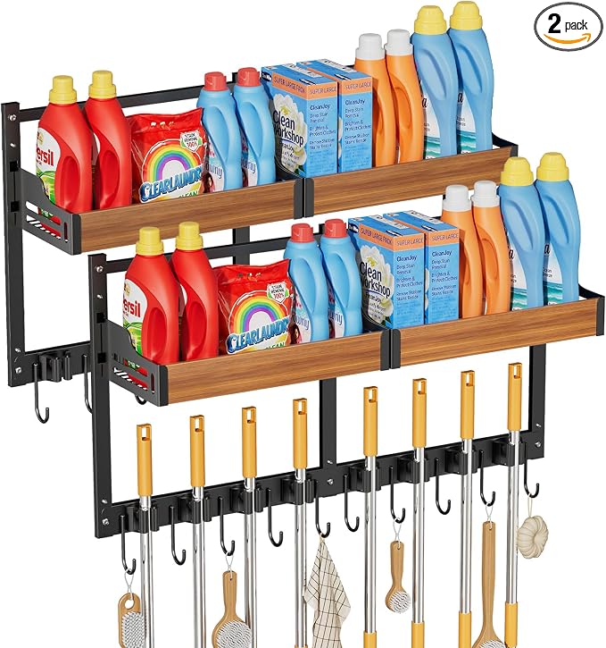 Broom and Mop Organizer Wall Mount, 2 pcs | Wall Hanging, Cleaning Supplies Organizer, Storage Shelf and Hooks, For Laundry Room Garage Kitchen