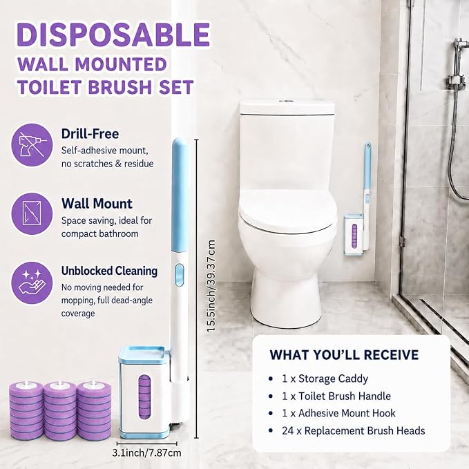 Disposable Toilet Brush with Wall Mounted Holder, Toilet Scrubber Refill | Hands Free Toilet Brush, 1 Wand and Holder with 24 Purple Refills,Bathroom Cleaning for Bathroom/RV, Light Lavender Scent