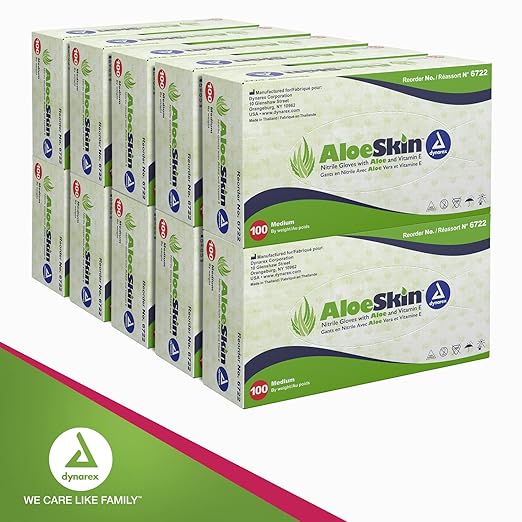 Dynarex AloeSkin Nitrile Exam Gloves With Aloe Vera, Powder-Free, Disposable for Dry Hands, Magenta, Medium, 1 Case of 1000 - 10 Boxes of 100