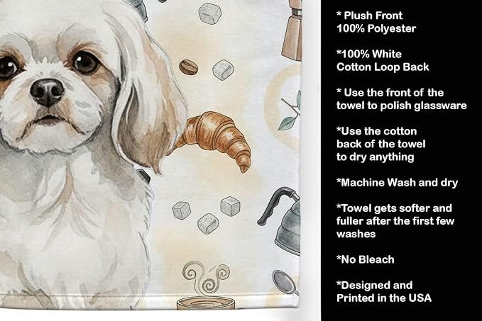 Caroline's Treasures White Tibetan Spaniel Coffee Bar Kitchen Towel Velour Plush Front and Cotton Loop Back Machine Washable