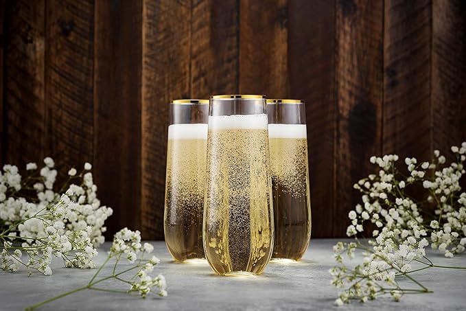 Munfix 36 Pack Stemless Plastic Champagne Flutes, Disposable 9 Oz Gold Rim Clear Plastic Toasting Glasses Shatterproof Recyclable and BPA-Free