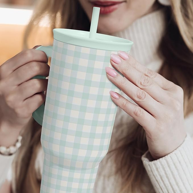 SANDJEST Mint Gingham 40oz Slider Tumbler with Handle and Straw - Insulated Stainless Steel Travel Coffee Mug for Women Girls, Gift for Birthday, Christmas