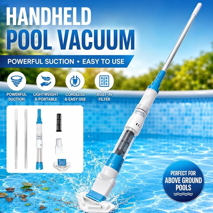 Ultra-Portable Cordless Handheld Vacuum for Hot Tub, Above Ground Pool & Kiddie Pool, USB Charging, 60-Min Runtime, Lightweight Pool Maintenance Tool