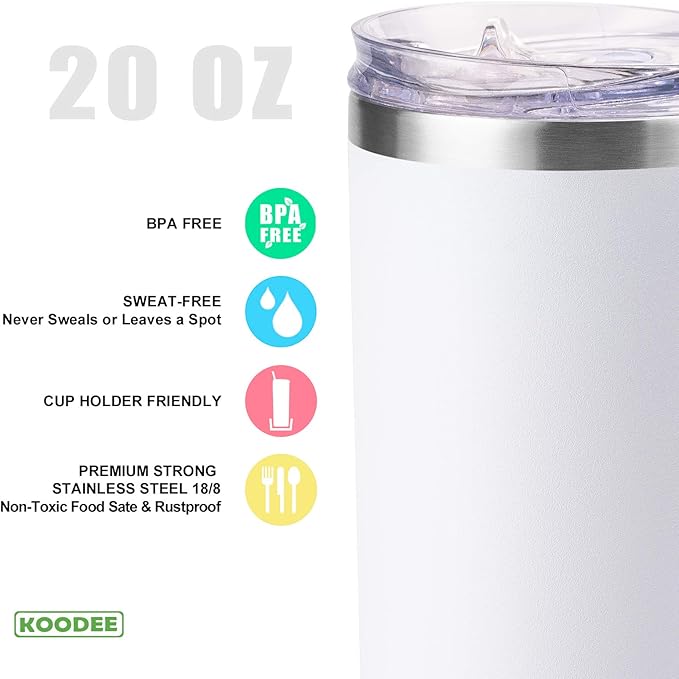 koodee 20 oz Skinny Tumbler Stainless Steel Double Wall Insulated Water Tumbler Cup with Straw, Slim Travel for Women/Men Diy Birthday Gift (White)