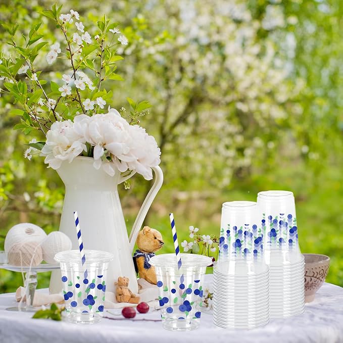 FYSUIMU 50 Pcs 12 Oz Blueberries with Leaves Plastic Cups with Lids & Straws Disposable Clear Drinking Cups for Wedding Birthday Baby Shower Party Supplies