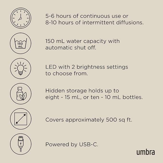 Umbra Casita Diffuser in Sand – Aromatherapy Essential Oil Diffuser with LED Light, Multiple Mist Settings, Automatic Shut-Off, Hidden Storage for Oils, Concrete & Melamine Design for Modern Homes
