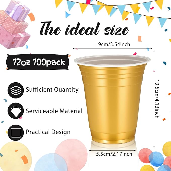Sabary 100 Pack 12oz Plastic Cups Graduation Heavy Duty Drinking Disposable Cups with Lines for Beverage Wedding Holiday Camping Barbecues Birthday Party Outdoor Picnic(Gold)