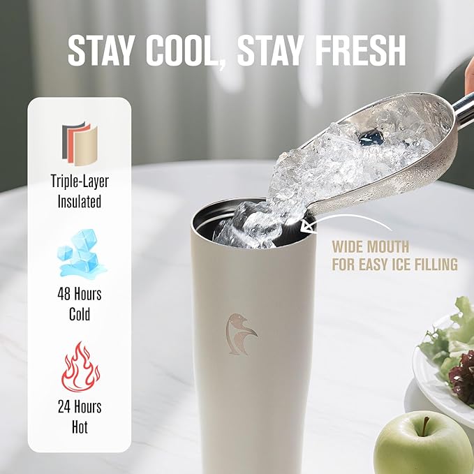 Coolflask Water Bottle 40 oz Fits Car Cup Holder, Slim Tumbler Stainless Steel with Straw & Handle, Vacuum Flask Leakproof Wide Mouth for Travel Sports Gym, Cream White