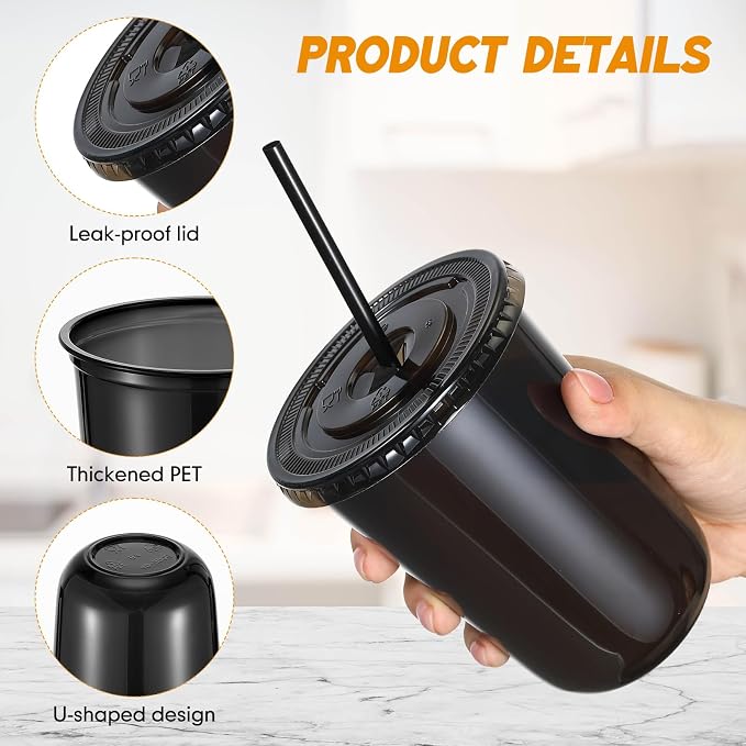 Ziliny 25 Sets Clear Round Bottom Plastic Cups with Lids and Straws, Cute Disposable Drinking Coffee Cups, for Christmas Valentine's Galentine's Day Party Wedding Birthday Supplies (16oz,Black)
