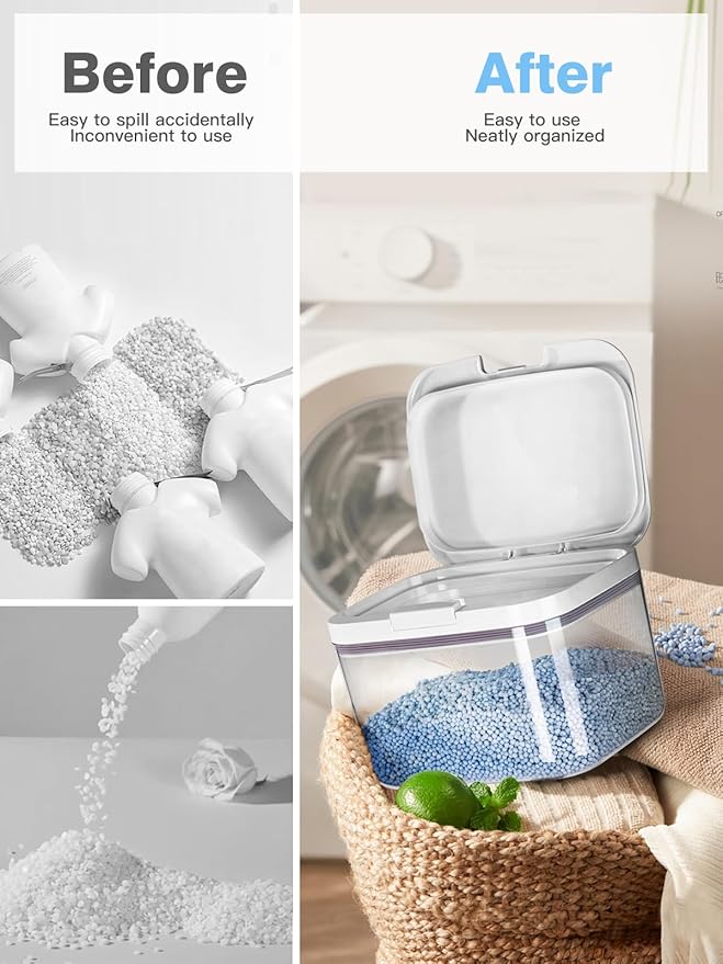 LivLab Mker Laundry detergent dispenser with One-Press Lid,for laundry room organization,Clear PET laundry powder container with Measuring Cup,laundry pods container 4.5L/10Lbs/160oz(220 Pods)