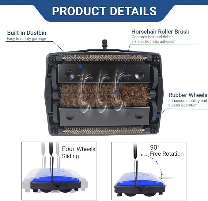 EZ SPARES Horsehair Carpet Sweeper Cleaner-5FT with Extension Pole for Any Height,Natural Water-Absorbent Horsehair Brush for Wet&Dry Spills, Soft on Carpet&Hardwood, Pet Hair Cleaner for Home(Blue)