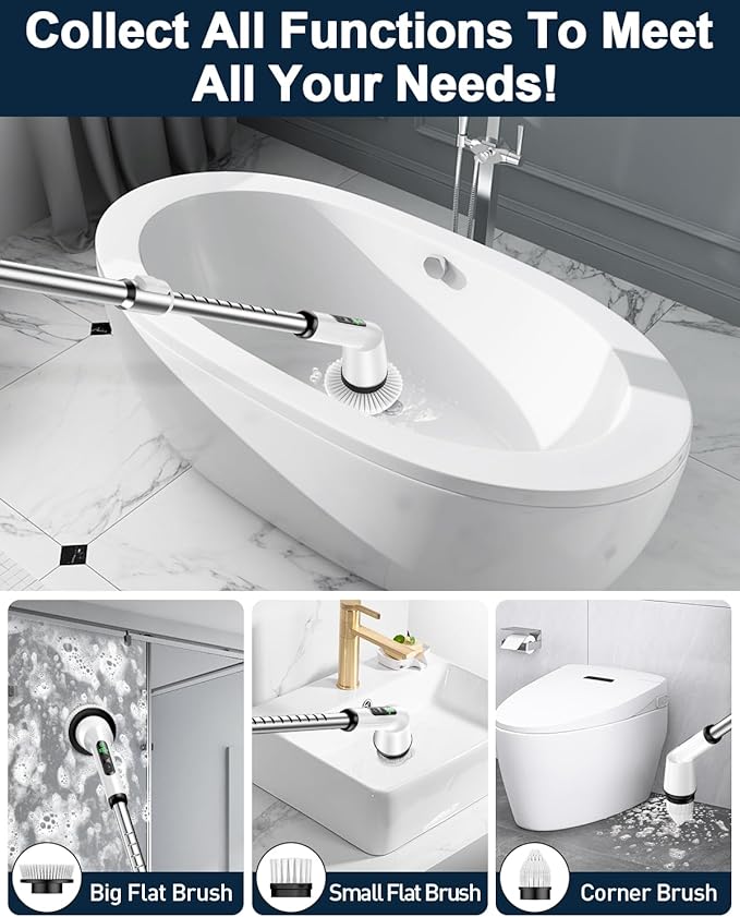 Electric Spin Scrubber for Cleaning Bathroom, Shower Scrubber Cordless Cleaning Brush with IPX7 Waterproof & 2 Speed, 8 in 1 Cleaning Brush Cleaning Supplies for Shower Tub Kitchen Tile Toilet White