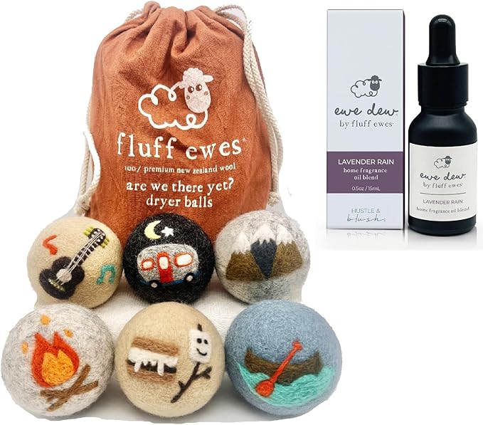 Hustle & Blush Wool Dryer Balls and Essential Oils Blend Bundle Laundry Set, Reduces Drying Time with Long Lasting Scent Laundry Supplies - 6 Pack Are We There Yet Dryer Balls & 15ml Lavender Rain Oil