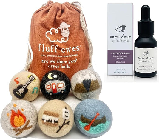 Hustle & Blush Wool Dryer Balls and Essential Oils Blend Bundle Laundry Set, Reduces Drying Time with Long Lasting Scent Laundry Supplies - 6 Pack Are We There Yet Dryer Balls & 15ml Lavender Rain Oil