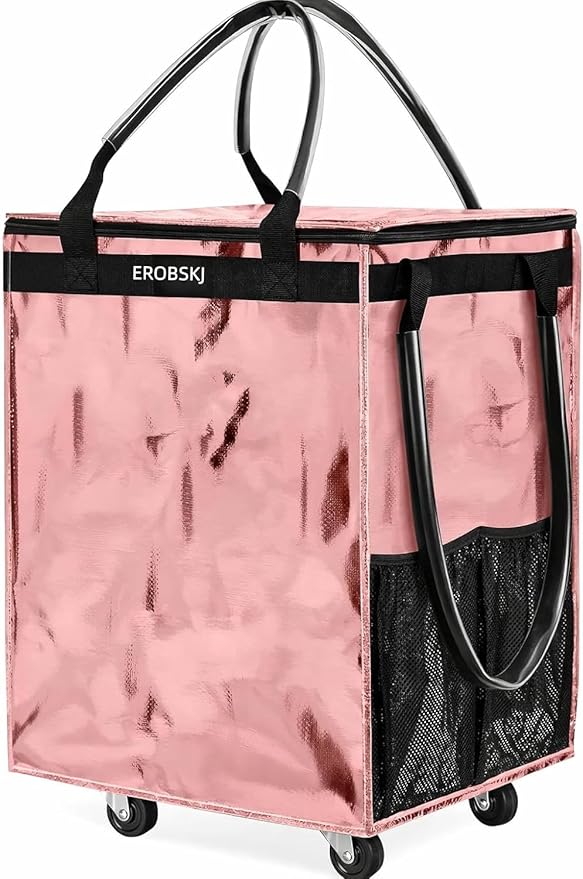 (Medium,Rose Gold) Reusable Grocery Bag on Wheels, 70L Foldable Rolling Tote, Shopping Trolley, Wide Zipper Shopping Carts for Trips, Laundry, Groceries, Camping, Storage,4 Heavy Duty Wheels