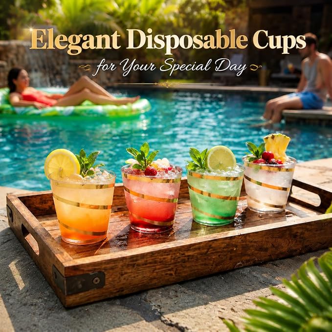 100 Pack 9 OZ Clear Plastic Cups with Gold Rim, Disposable Rimmed Swirl Cocktail Party Cup, Heavy Duty Elegant Wine Glasses, Drinking Tumbler for Weeding Christmas Single Party (Black, Gold)