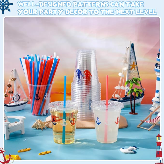 Blushtier 100 Sets 12 oz Nautical Disposable Plastic Cups with Lids and Straws, Blue Anchor Theme Party Cups Beverage Drinking Cups for Ocean Theme Birthday Summer Party Supplies