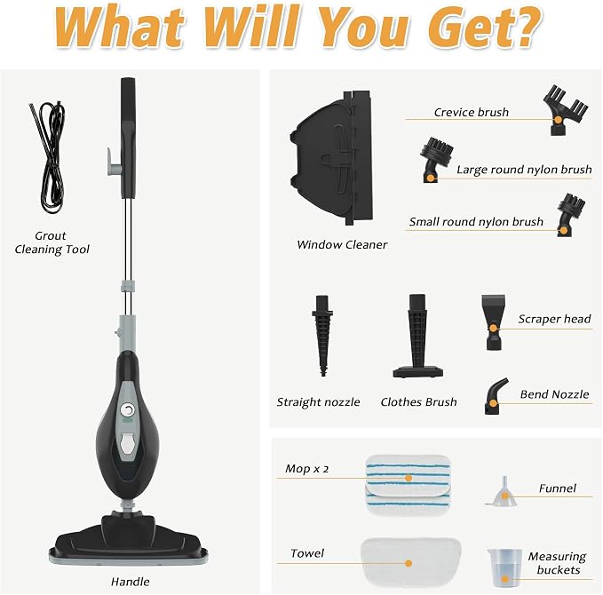 12 in 1 Steam Mop, Handheld Steam Cleaner with 2 Washable Pads, Floor Steamer for Hardwood and Tile, Multipurpose Floor Cleaner Machine for Carpets, Furniture, Windows, Black and Grey