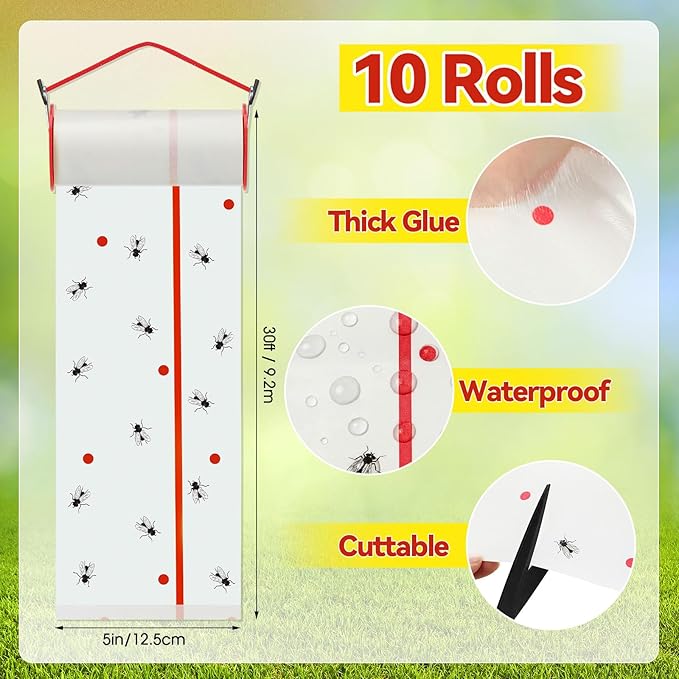 10 Rolls Fly Strips Tape 30 ft Each Fly Paper Traps Indoor Outdoor Sticky Hanging Spotted Lanternfly Tree Tape for Fruitfly Plant Barn Stable(White)
