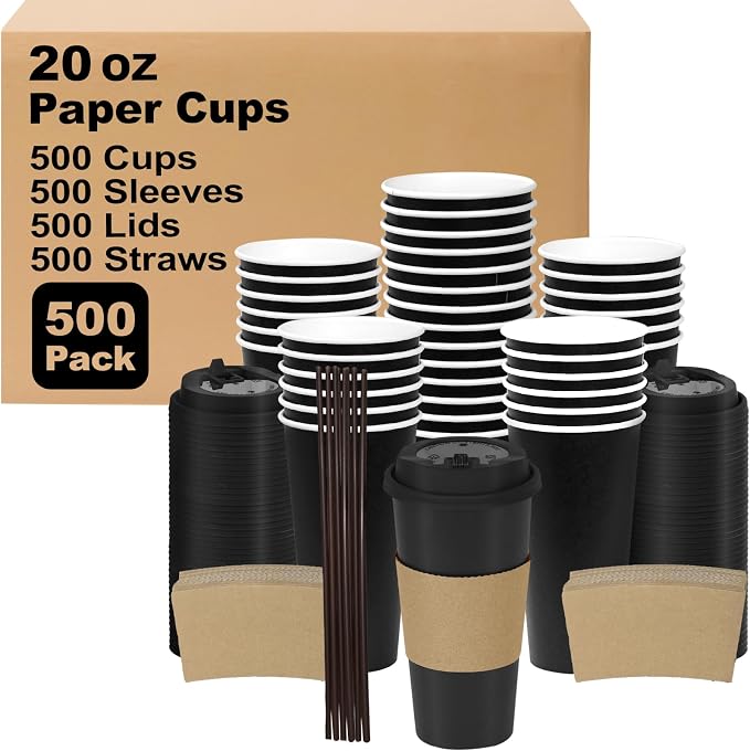 20 oz 500 Pack Coffee Cups with Lids and Sleeves, Straws, Hot Disposable To Go Travel Paper Cups Bulk for Office, Home Coffee Bar Accessories, Chocolate, Cocoa, Beverage (Black)