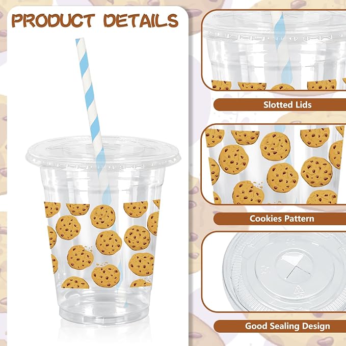 FYSUIMU 50 Pcs 12 Oz Cookie Theme Plastic Cups with Lids & Straws Disposable Clear Drinking Cups for Birthday Baby Shower Party Supplies