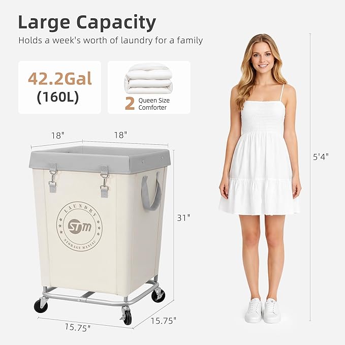STORAGE MANIAC Commercial Laundry Hamper with Heavy Duty Steel Frame, 160 L Industrial Clothes Basket Cart with Wheels for Hotel, Home, Laundry Room, 18''L x 18''W x 31''H, Medium Beige
