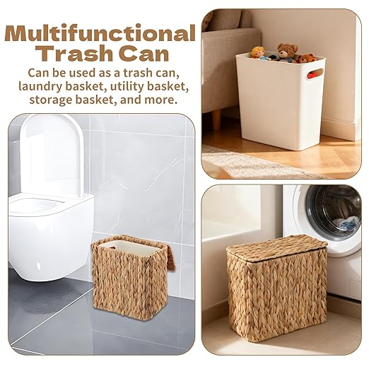 Wicker Trash Can with Lid and Liner, Bathroom Trash Can with Lid, Natural Water Hyacinth Wicker Waste Basket, Boho Rattan Garbage Wastebasket for Bedroom Living Room Office Kitchen