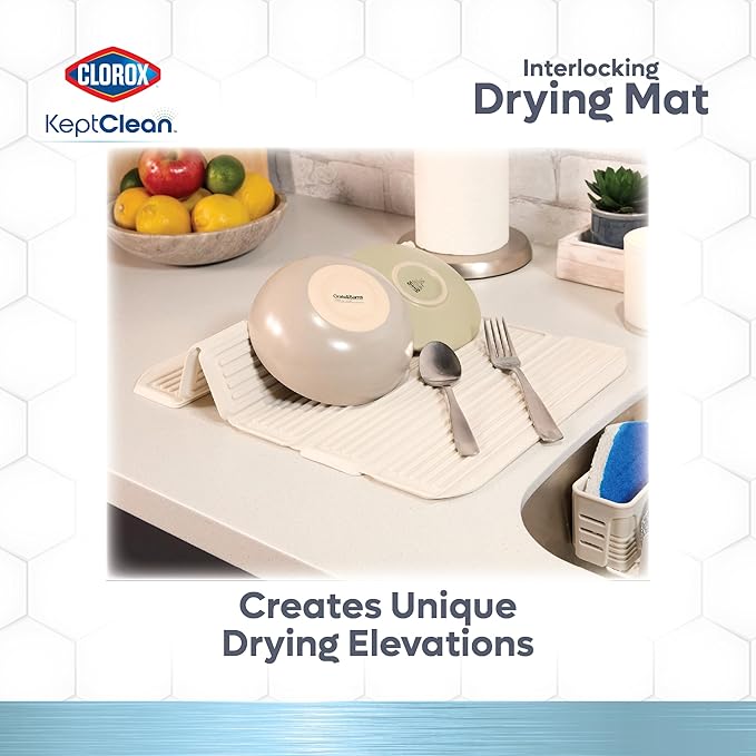 CLOROX KeptClean Interlocking Non-Slip Dish Drying Mat – Flexible, Foldable, Durable, Quick-Dry Mat, Interlocking Panels for Various Drying Elevations, Folds Compact for Storage - Almond Cream