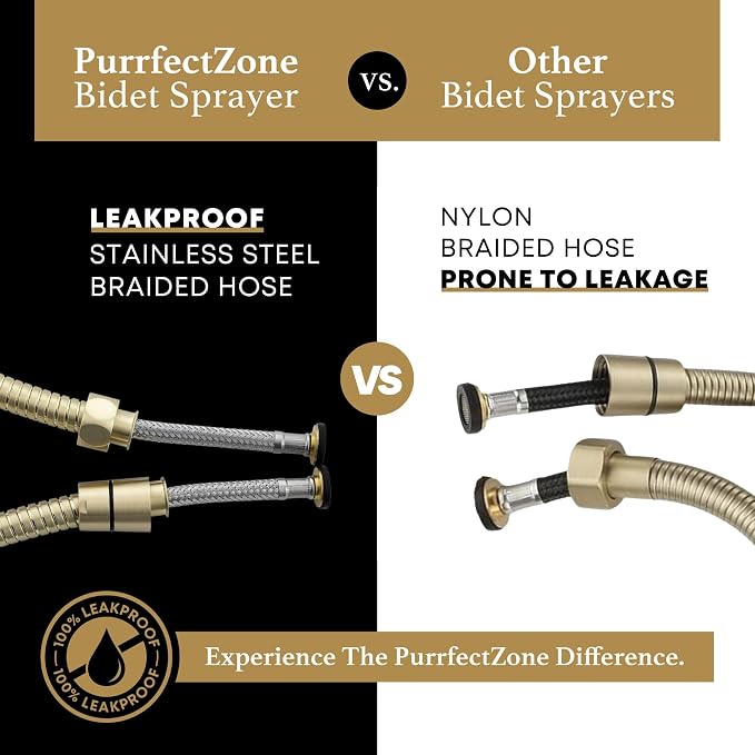Purrfectzone Bidet Sprayer for Toilet, Handheld Bidet Sprayer Kit, Easy-to-Install Toilet Handheld Shower, Hand Held Stainless Steel Shattaf with Adjustable Flow, Cloth Diaper Set-Brushed Gold